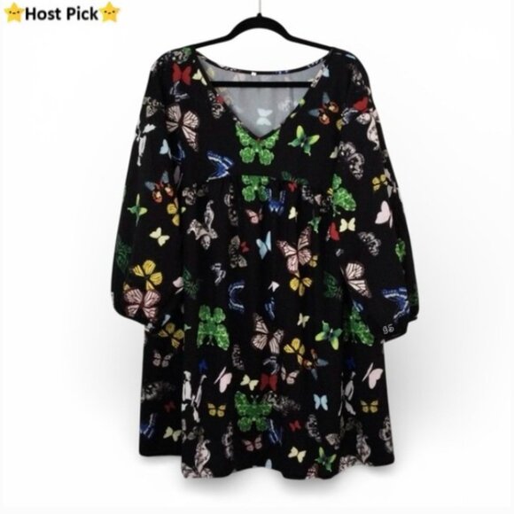 The Unbranded Brand Dresses & Skirts - Colorful Butterfly Print Black Mini Dress – Long Sleeve V‑Neck, Size L/XL, NWOT
